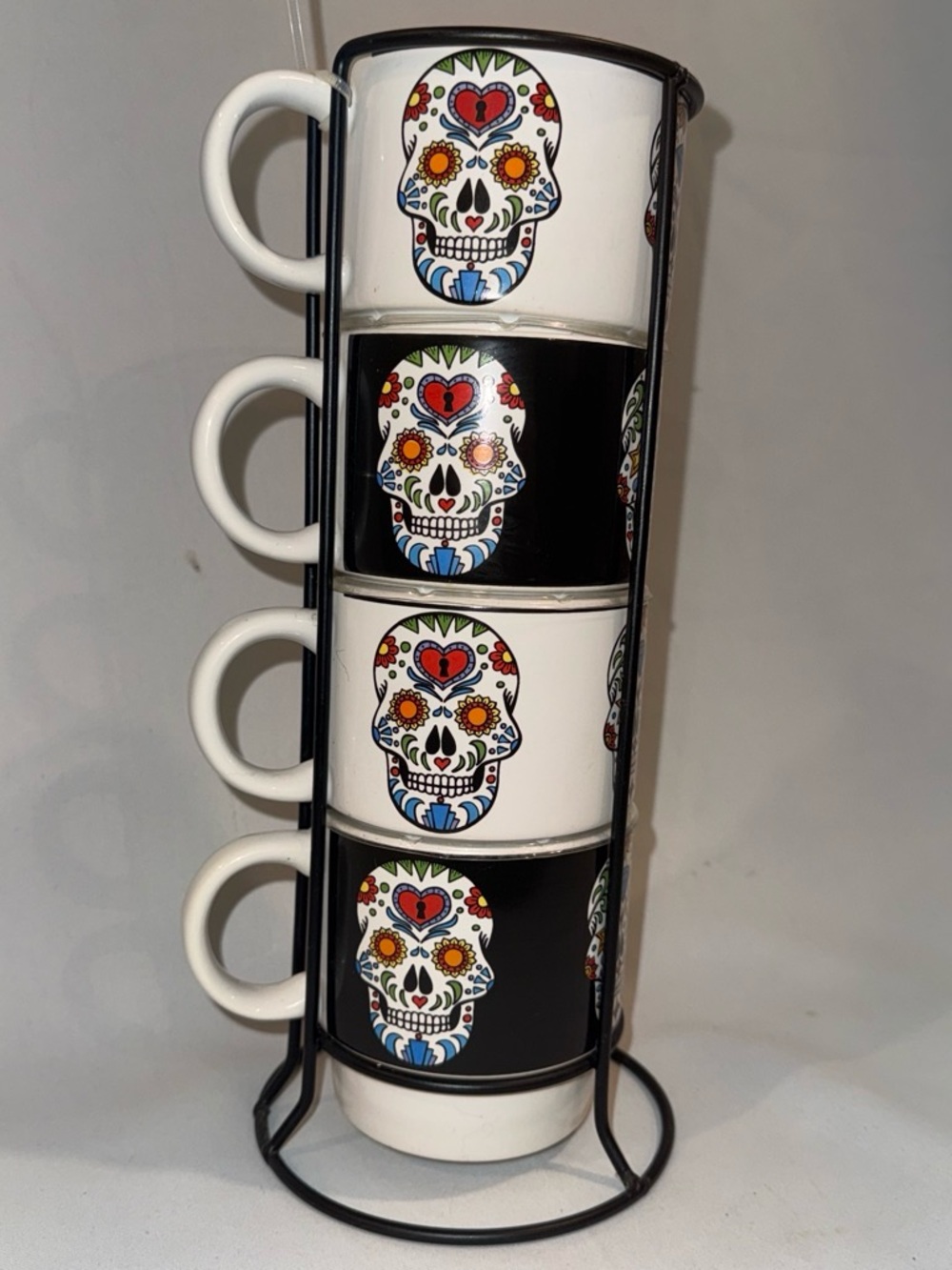 Stackable Sugar Skull Espresso Mugs Set - Black & White